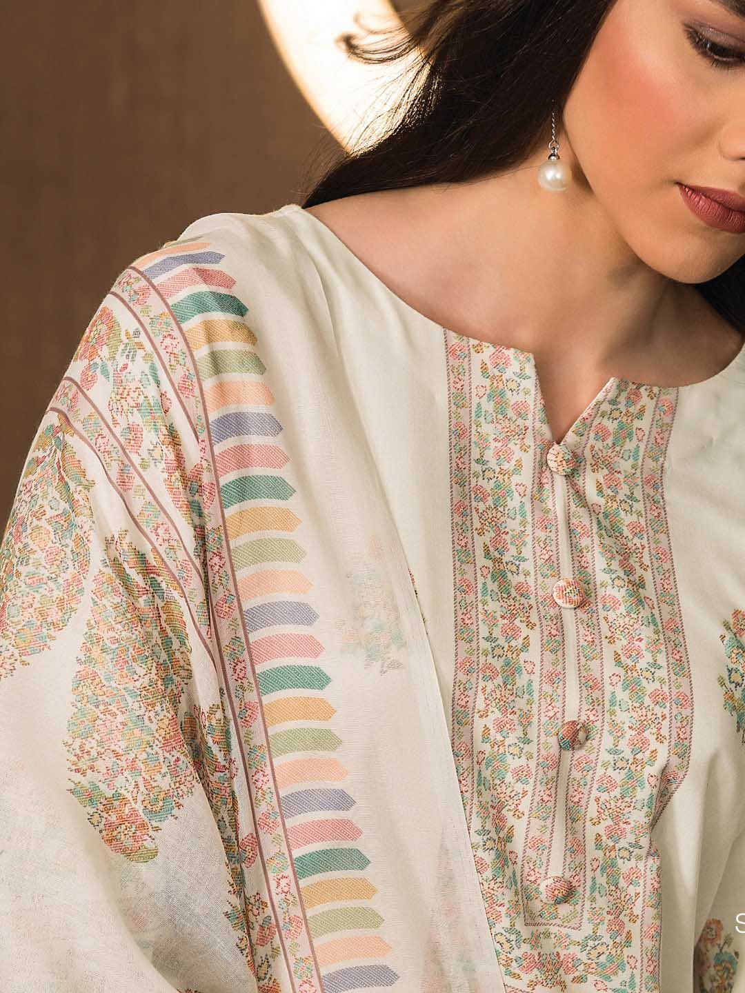 Pure Cotton Off-White Unstitched Suit Dress Material for Women