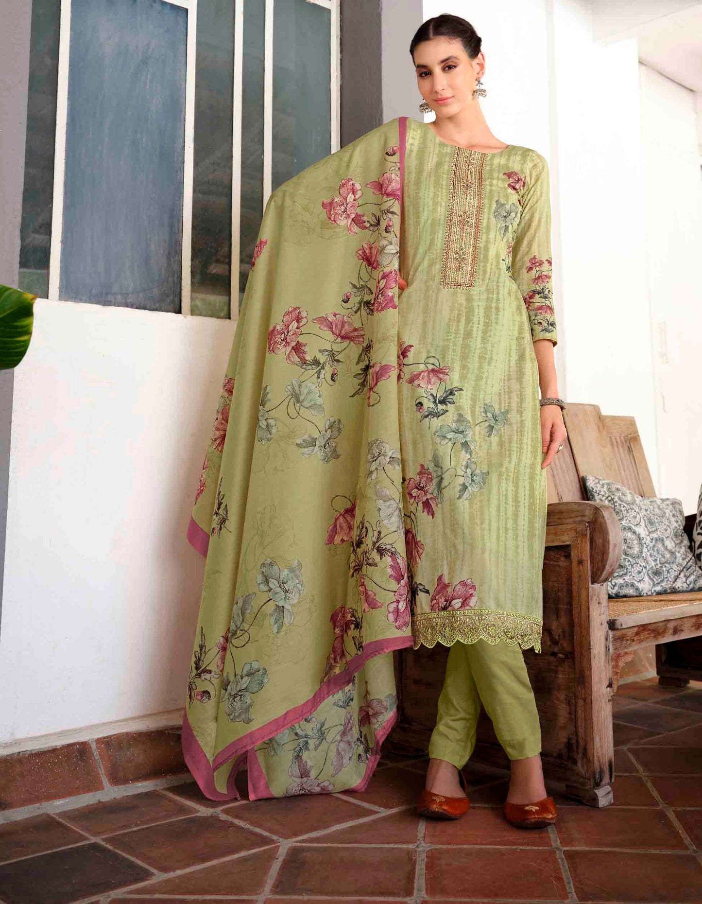 Lawn Cotton Unstitched Women Suits Green Embroidery Dress Materials - Stilento