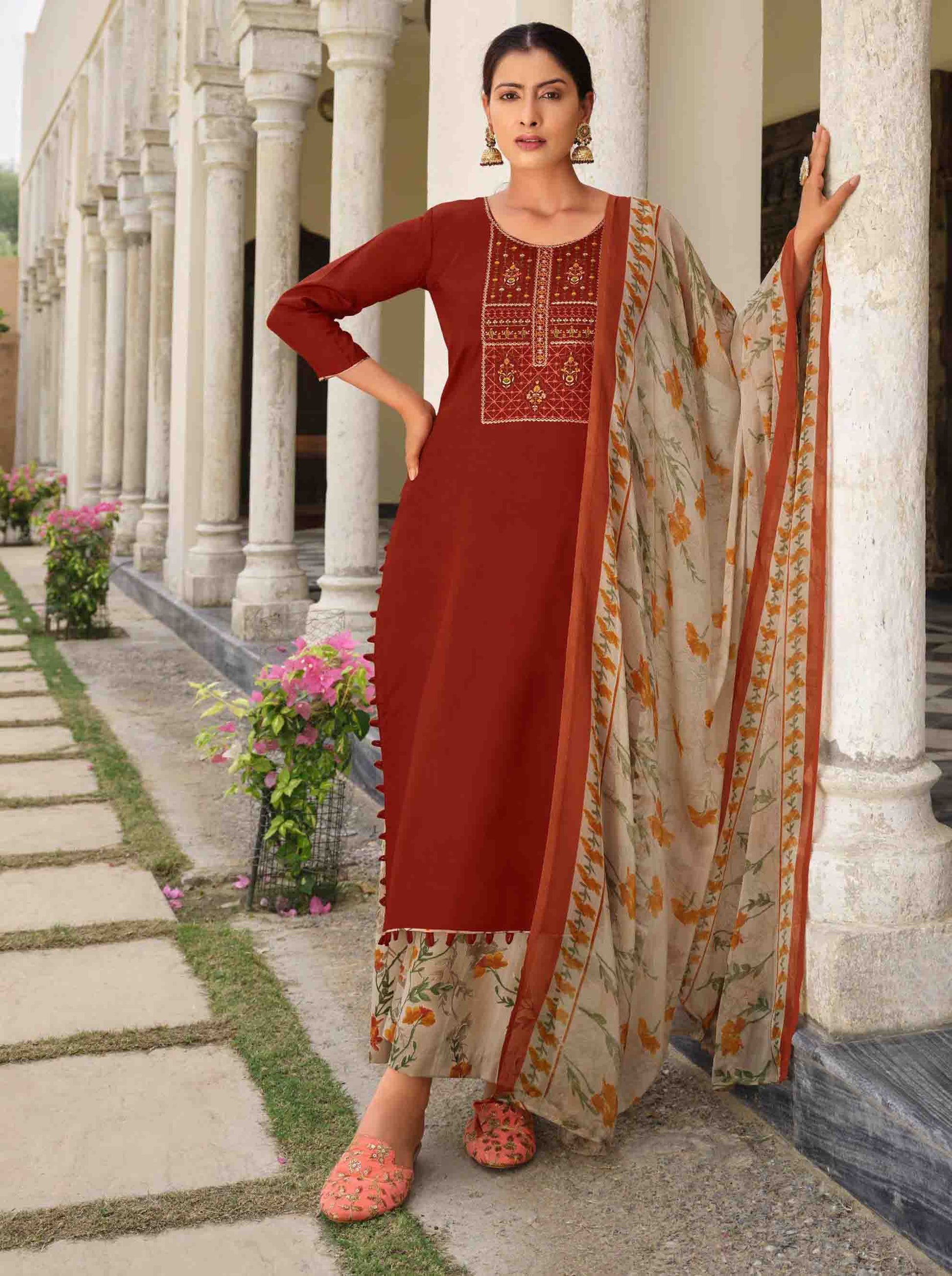 Jam Cotton Unstitched Rust Red Women Suits Material with Embroidery