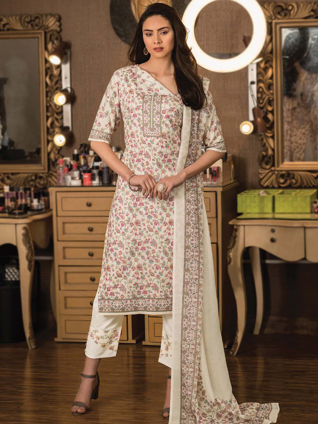 Pure Cotton Off-White Indian Ladies Unstitched Suits Dress Material