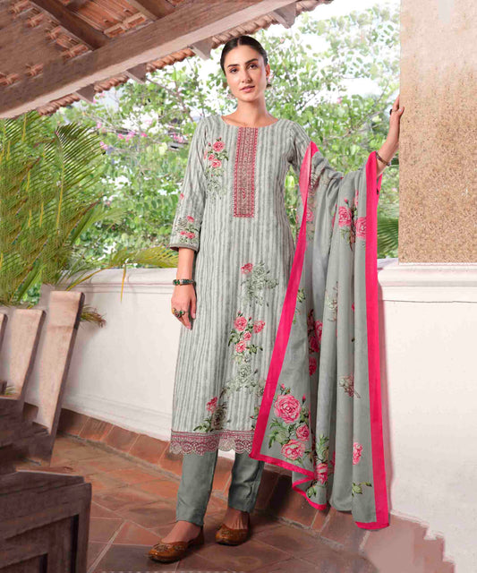 Lawn Cotton Unstitched Women Suits Dark Grey Embroidery Dress Materials