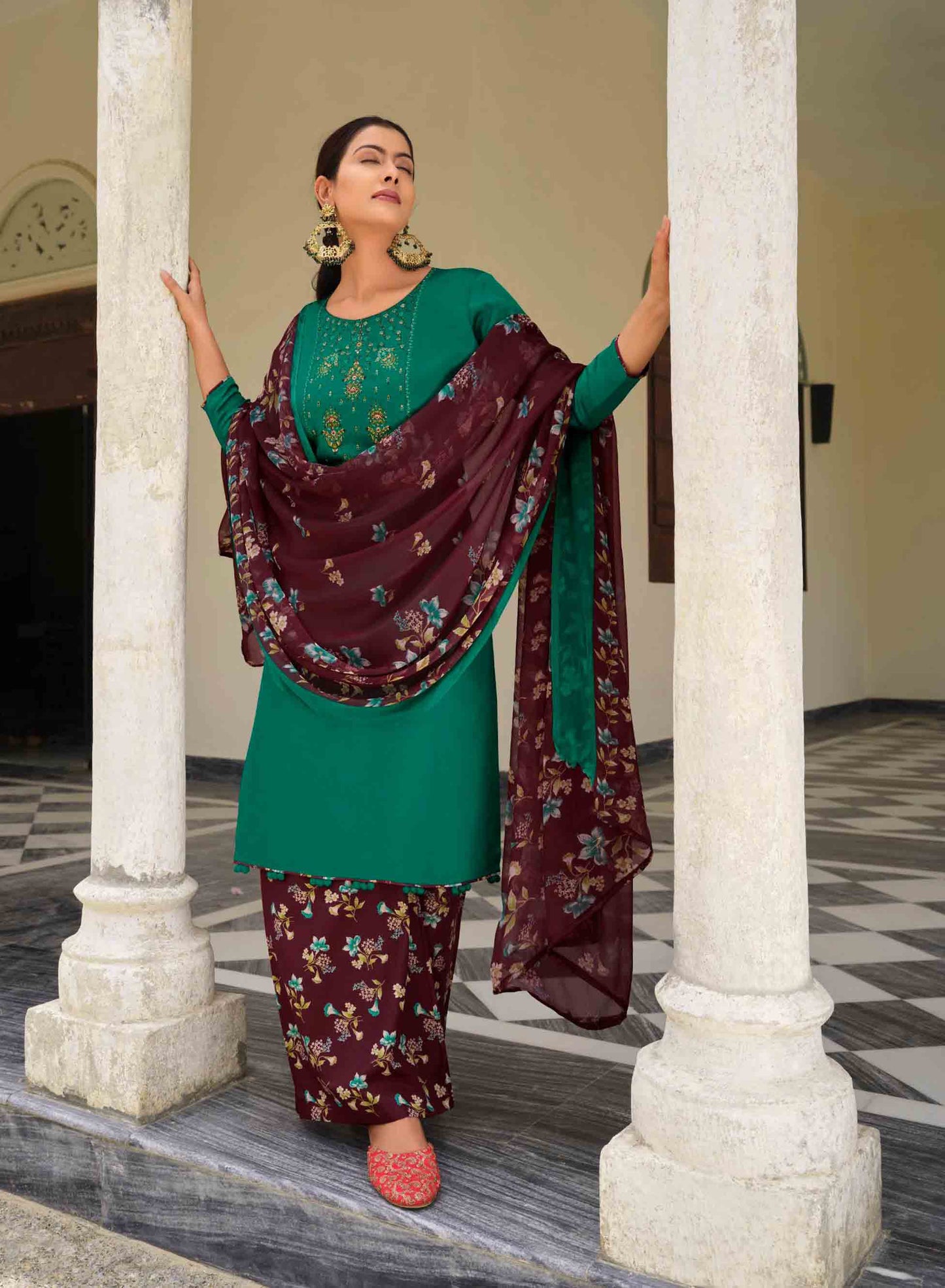 Jam Cotton Unstitched Green Women Suits Material with Embroidery