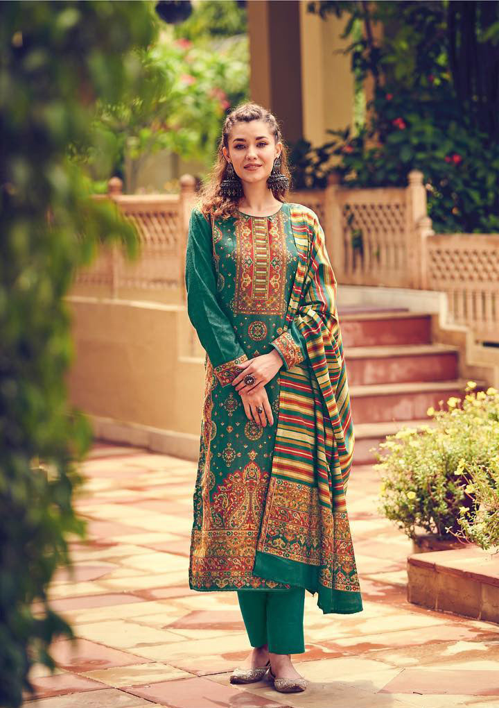 Pure Handloom Pashmina Green Ladies Winter Salwar Suit - Stilento