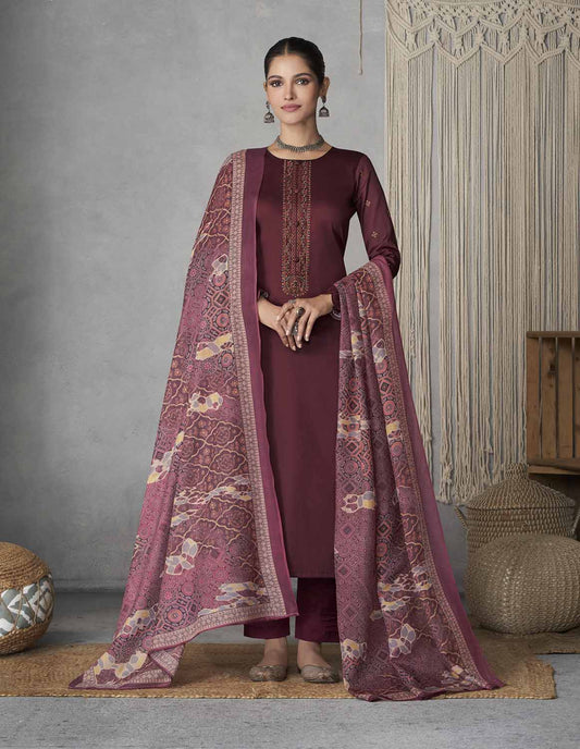 Pure Cotton Satin Unstitched Women Wine Suits with Embroidery
