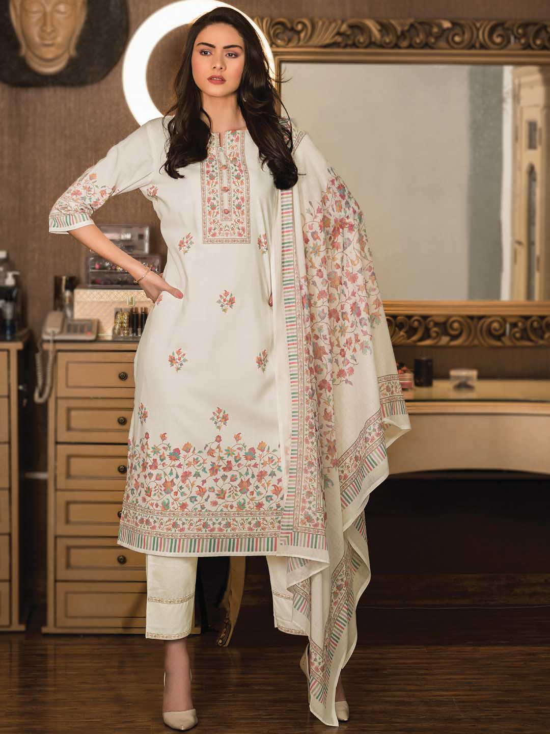 Unstitched Off-White Cotton Printed ladies Suits Dress Material