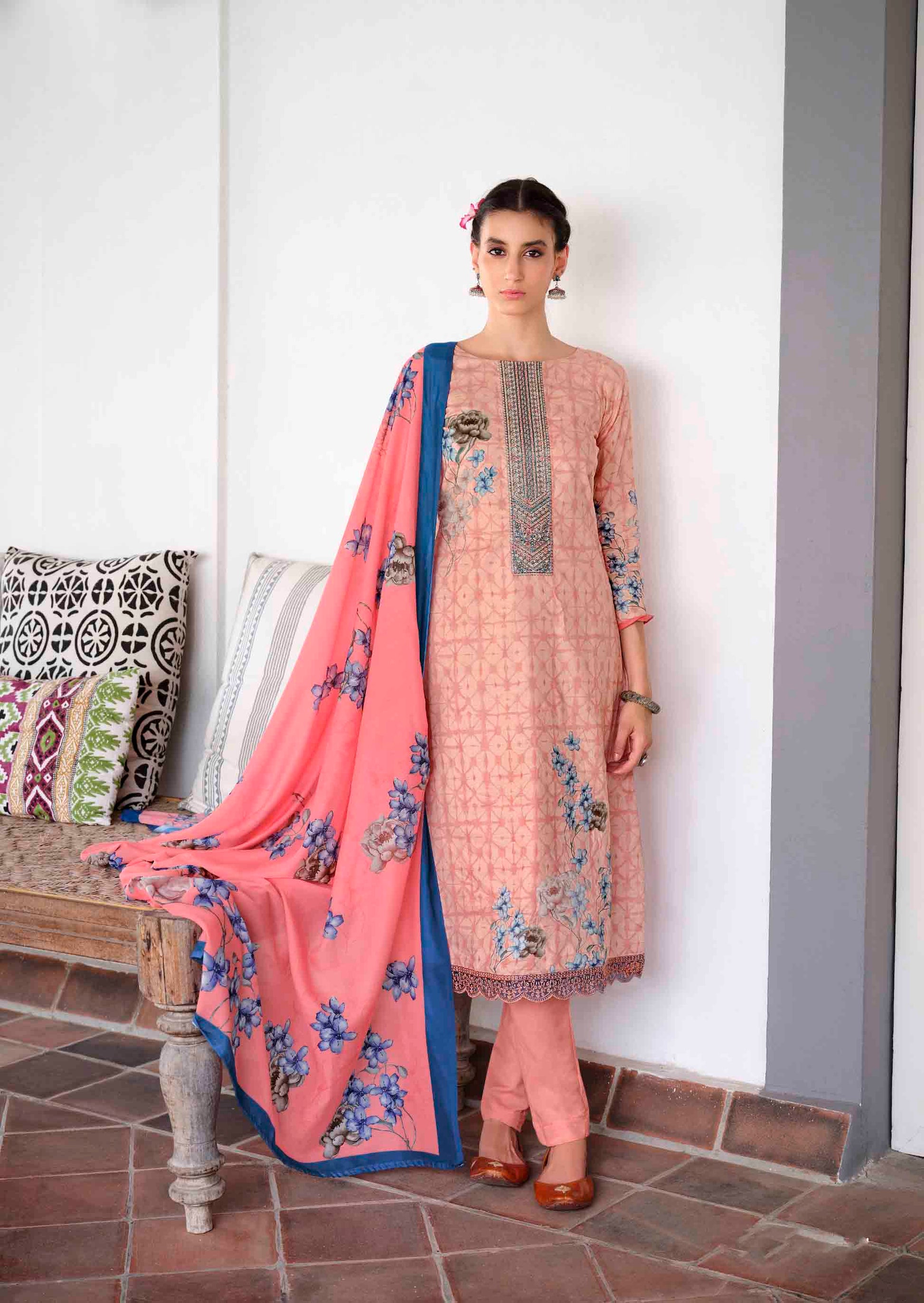 Lawn Cotton Unstitched Women Suits Peach Embroidery Dress Materials - Stilento