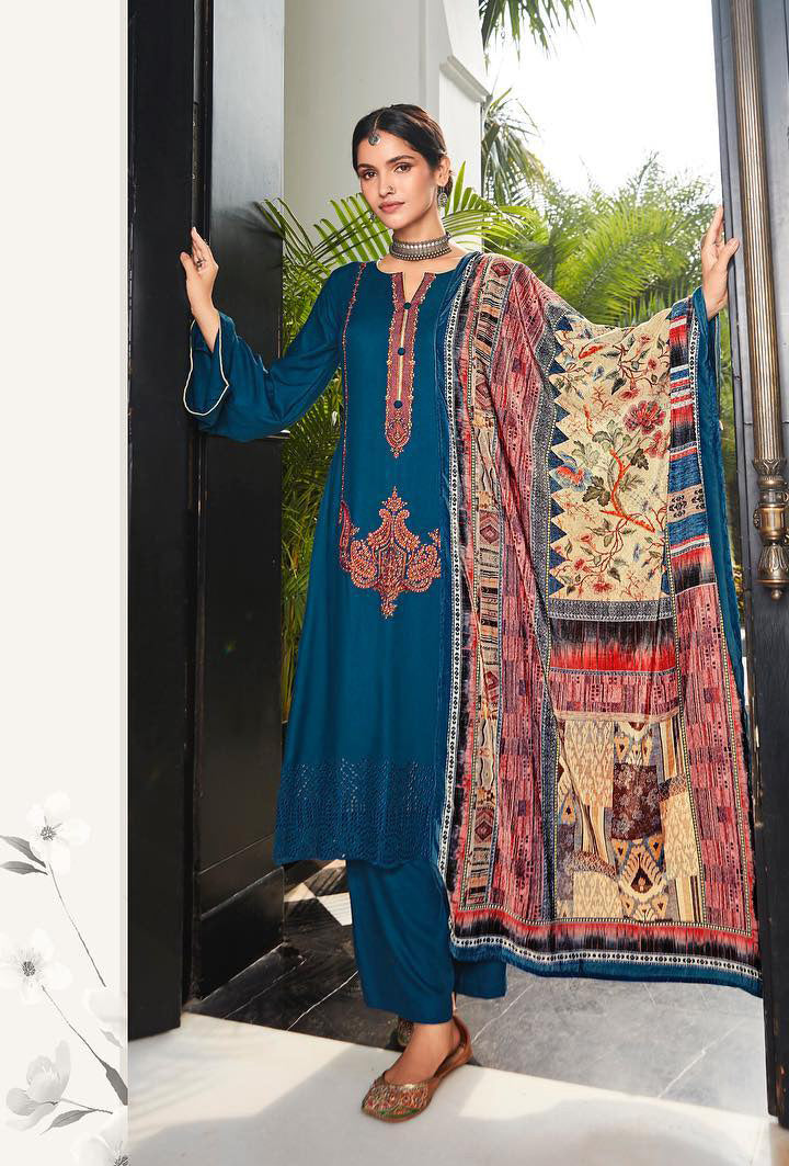 Unstitched Pure Staple Pashmina Embroidered Blue Winter Suits with Velvet Dupatta - Stilento