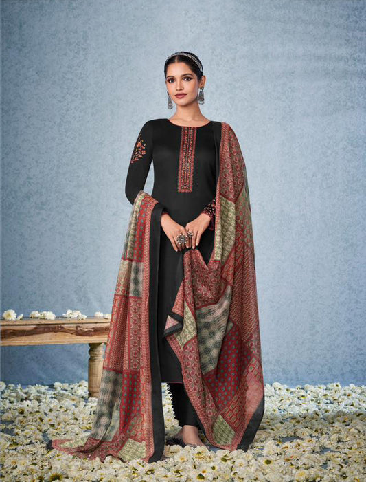 Mumtaz Arts Unstitched Cotton Satin Women Black Salwar Suit Material