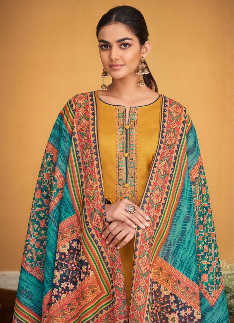 Mumtaz Arts Pure Jam Satin Unstitched Yellow Suits Material with Embroidery - Stilento