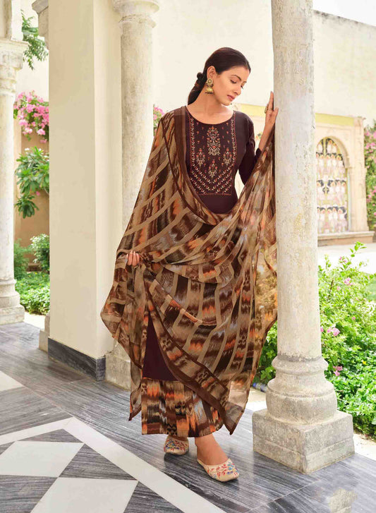 Jam Cotton Unstitched Brown Women Suits Material with Embroidery