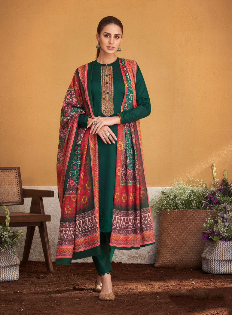 Mumtaz Arts Pure Jam Satin Unstitched Green Suits Material with Embroidery - Stilento