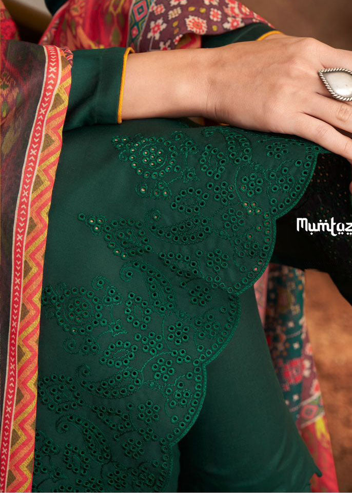 Mumtaz Arts Pure Jam Satin Unstitched Green Suits Material with Embroidery - Stilento