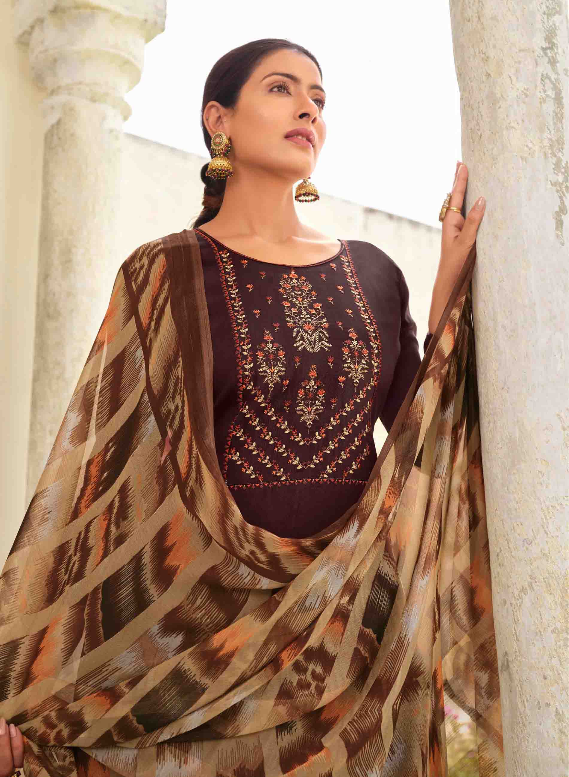 Jam Cotton Unstitched Brown Women Suits Material with Embroidery