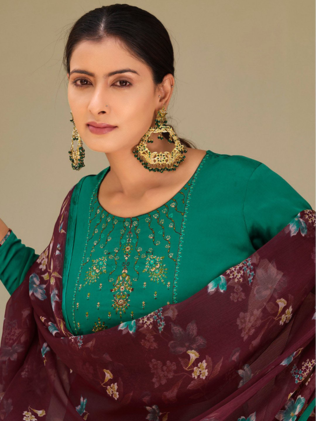 Jam Cotton Unstitched Green Women Suits Material with Embroidery
