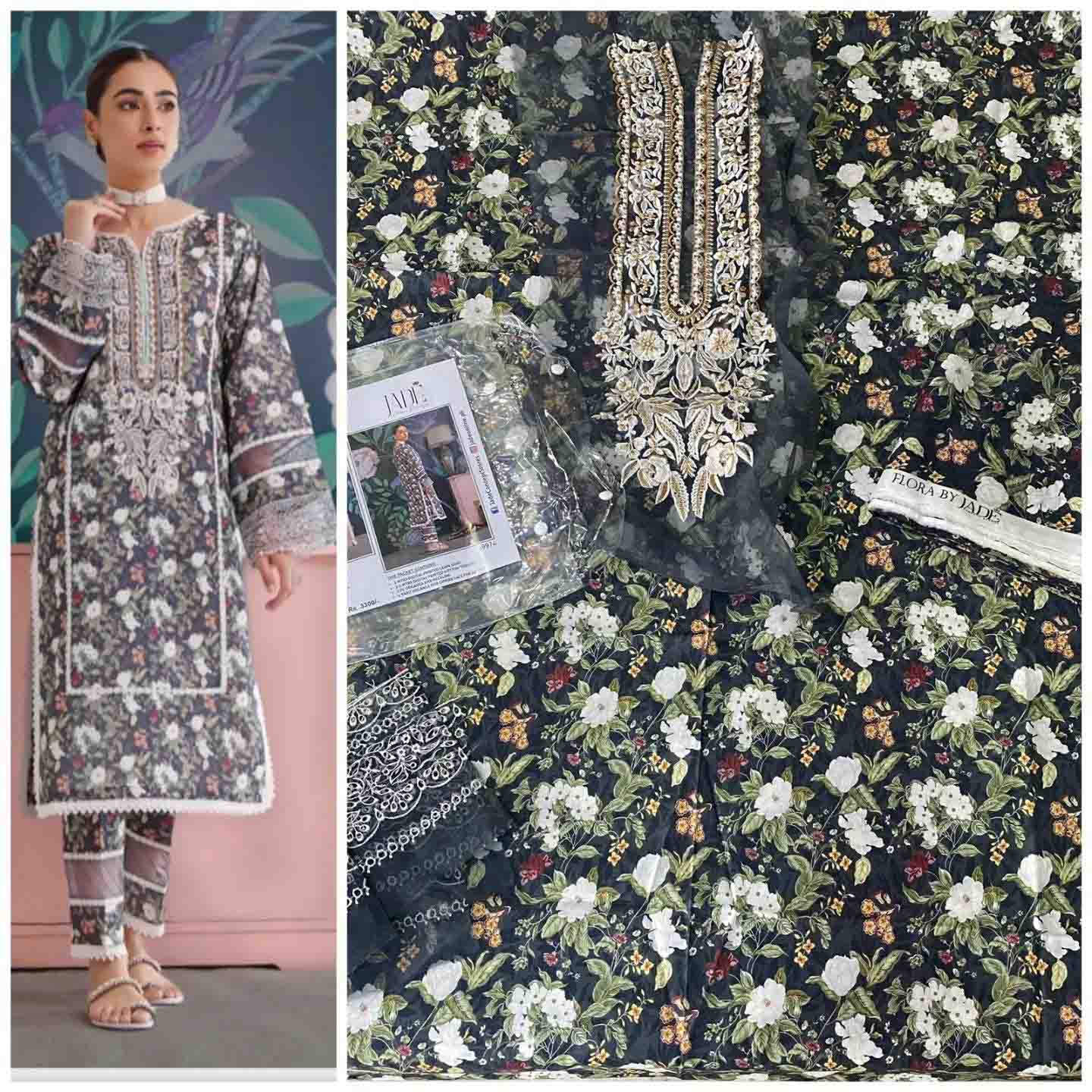 Jade Flora Embrodiered Black Pakistani Lawn Suits - Stilento