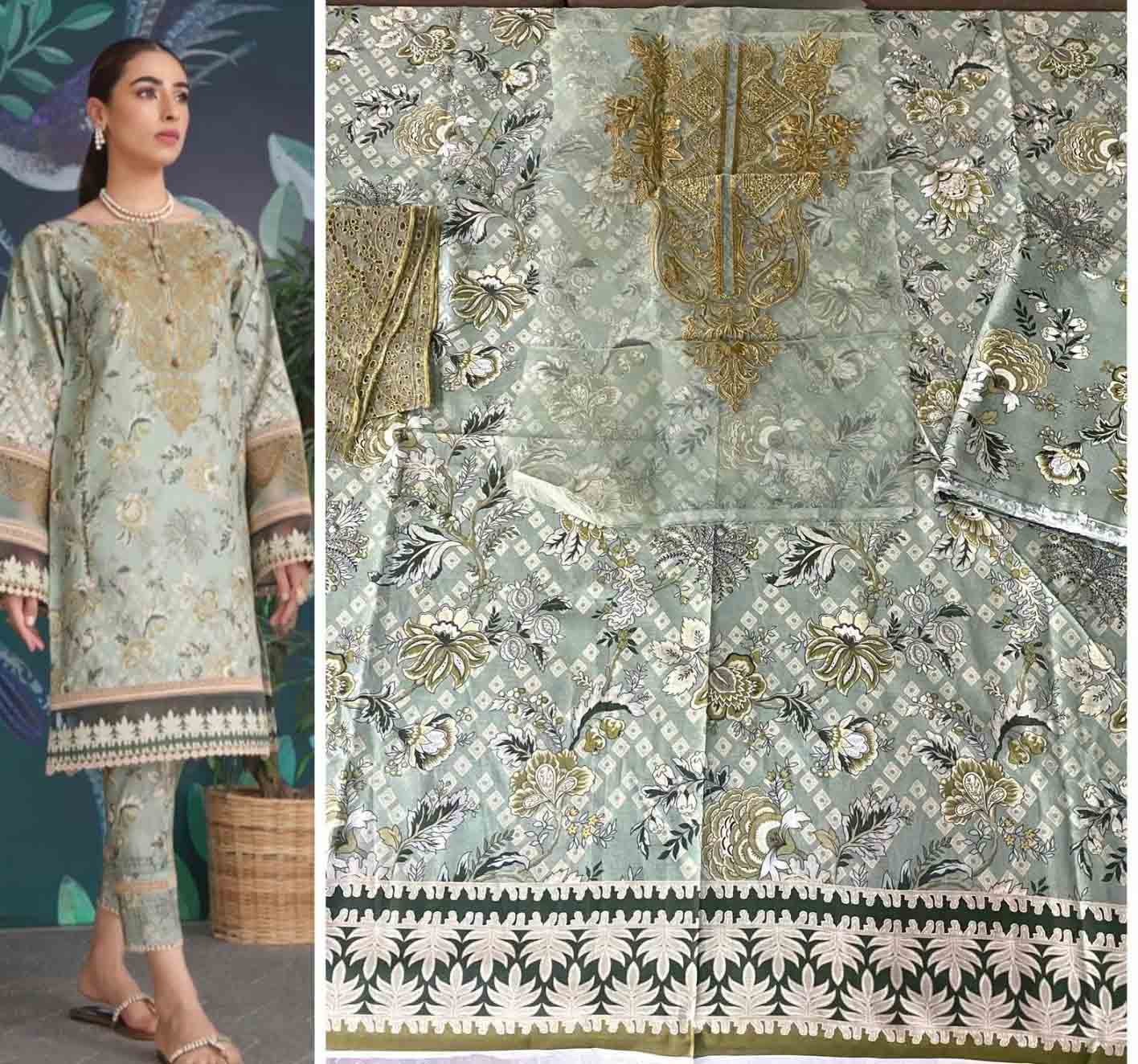 Jade Flora Embrodiered Green Pakistani Lawn Suits - Stilento