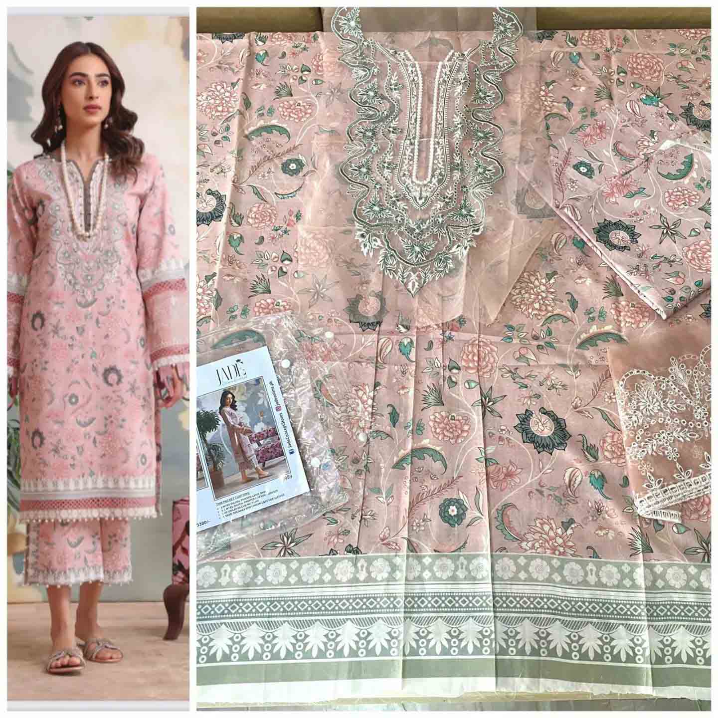 Jade Flora Embrodiered Pink Pakistani Lawn Suits - Stilento