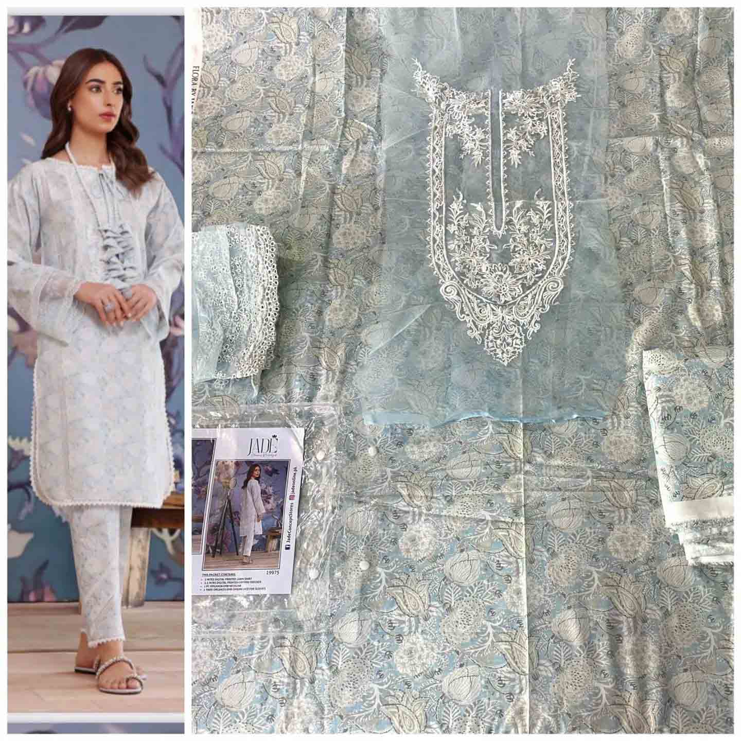 Jade Flora Embrodiered Blue Pakistani Lawn Suits - Stilento