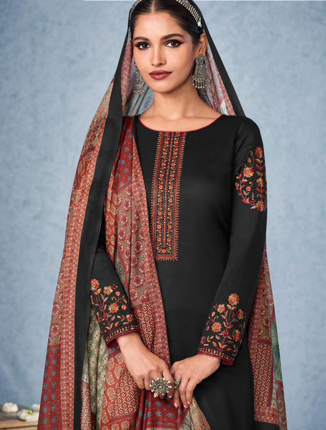 Mumtaz Arts Unstitched Cotton Satin Women Black Salwar Suit Material