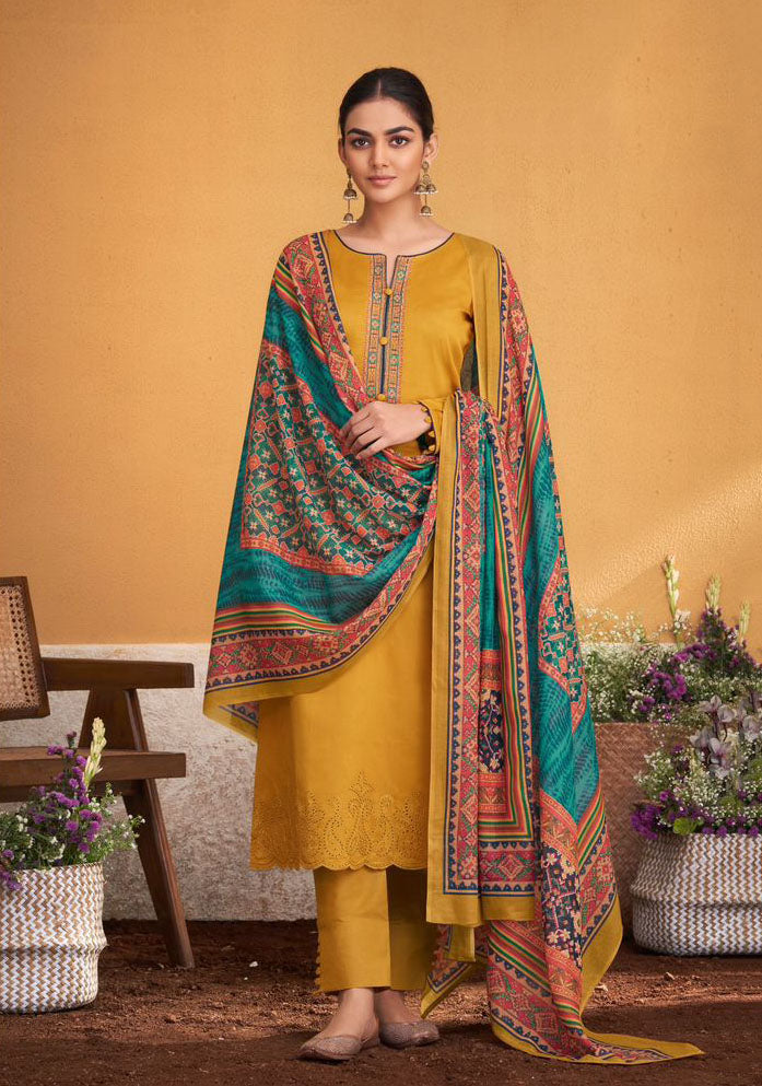 Mumtaz Arts Pure Jam Satin Unstitched Yellow Suits Material with Embroidery - Stilento