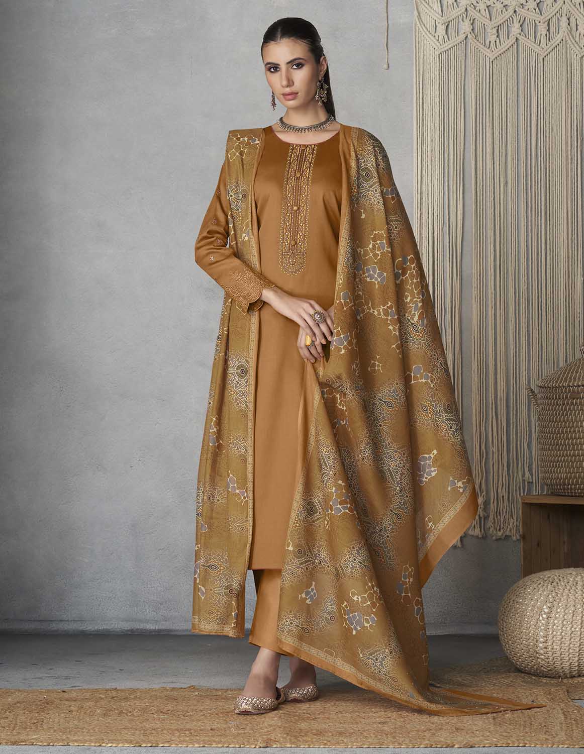 Pure Cotton Satin Unstitched Women Yellow Suits Material with Embroidery
