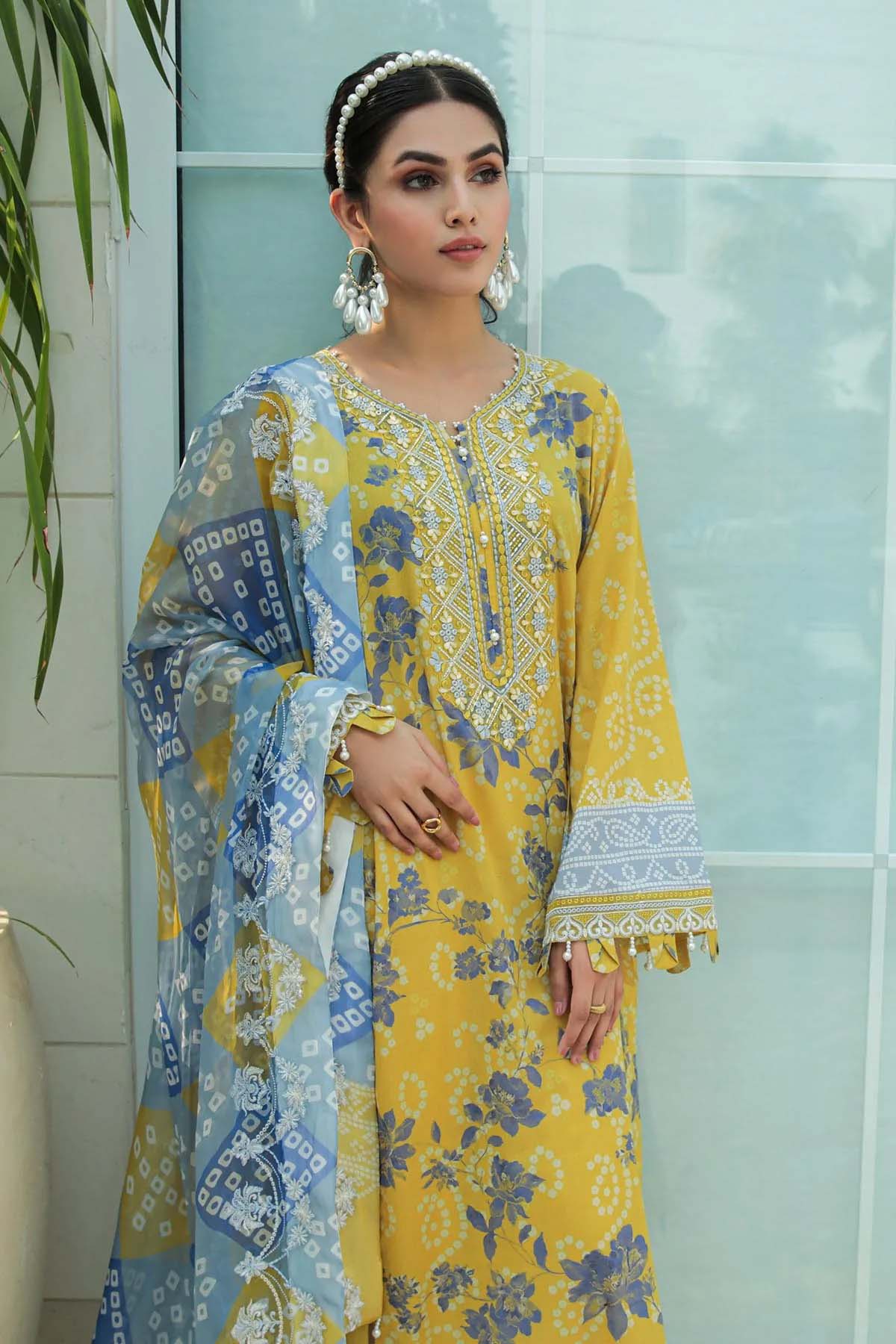 Nureh Gardenia Embroidered Yellow Pakistani Lawn Suit - Stilento