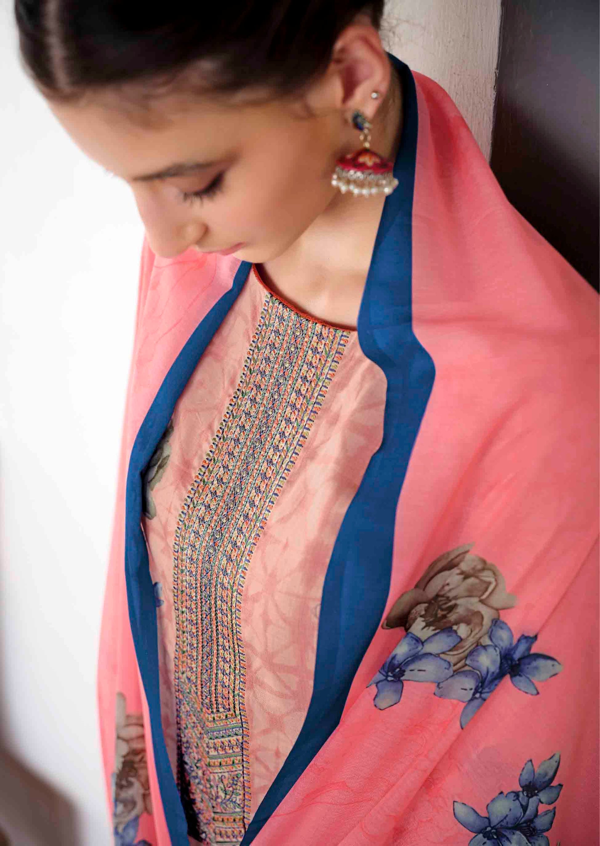 Lawn Cotton Unstitched Women Suits Peach Embroidery Dress Materials - Stilento