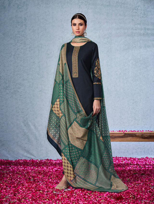 Mumtaz Arts Unstitched Cotton Satin Navy Blue Salwar Suit Material