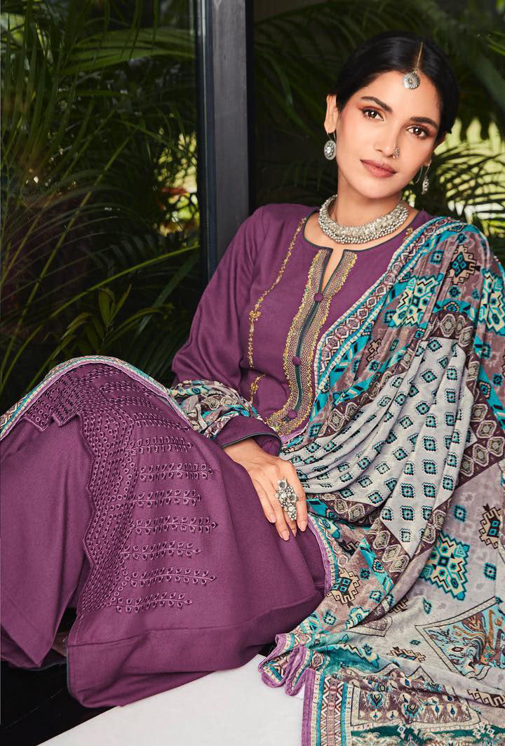 Unstitched Pure Staple Pashmina Embroidered Winter Suits with Velvet Dupatta - Stilento