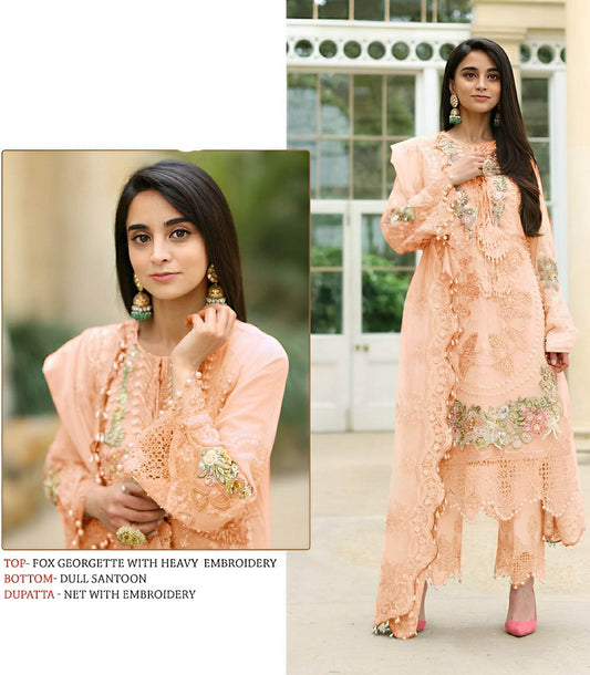 Faux Georgette Pakistani Style Unstitched Peach Suits With Net Dupatta