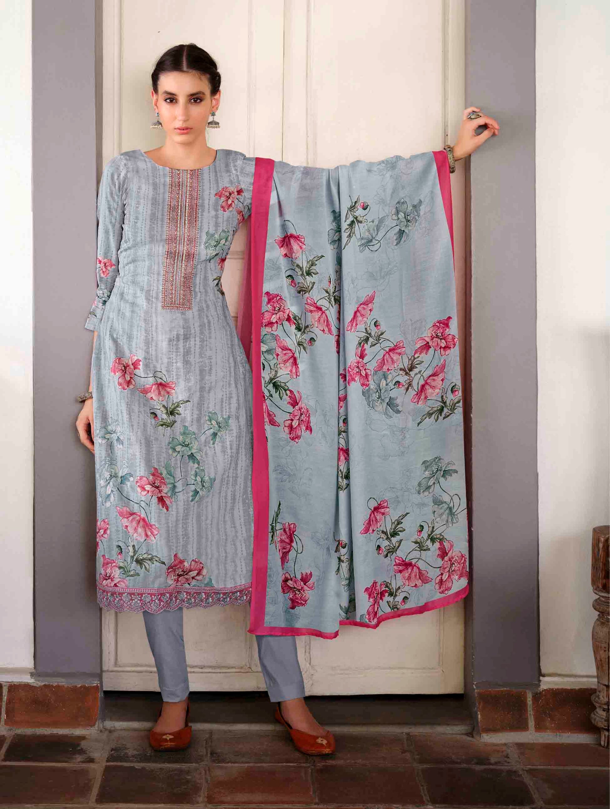 Lawn Cotton Unstitched Women Suits Grey Embroidery Dress Materials - Stilento