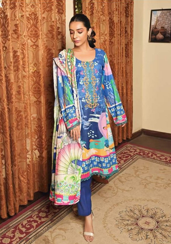 Mirha Printed Unstitched Embroidered Lawn Pakistani Suit Blue