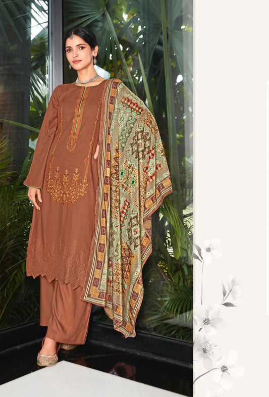 Unstitched Pure Staple Pashmina Embroidered Winter Suits with Velvet Dupatta