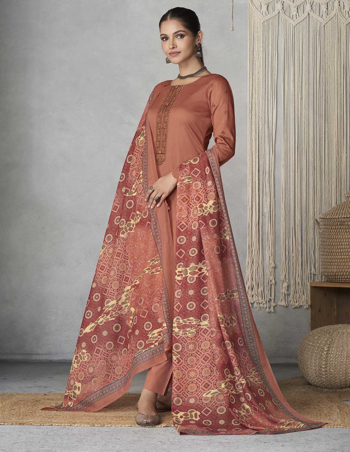 Pure Cotton Satin Unstitched Women Orange Suit Material with Embroidery