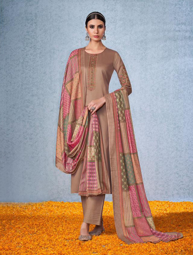 Mumtaz Arts Unstitched Cotton Satin Brown Salwar Suit Material