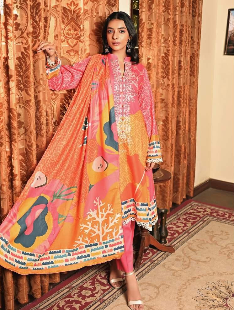 Mirha Printed Unstitched Embroidered Lawn Pakistani Suit Pink