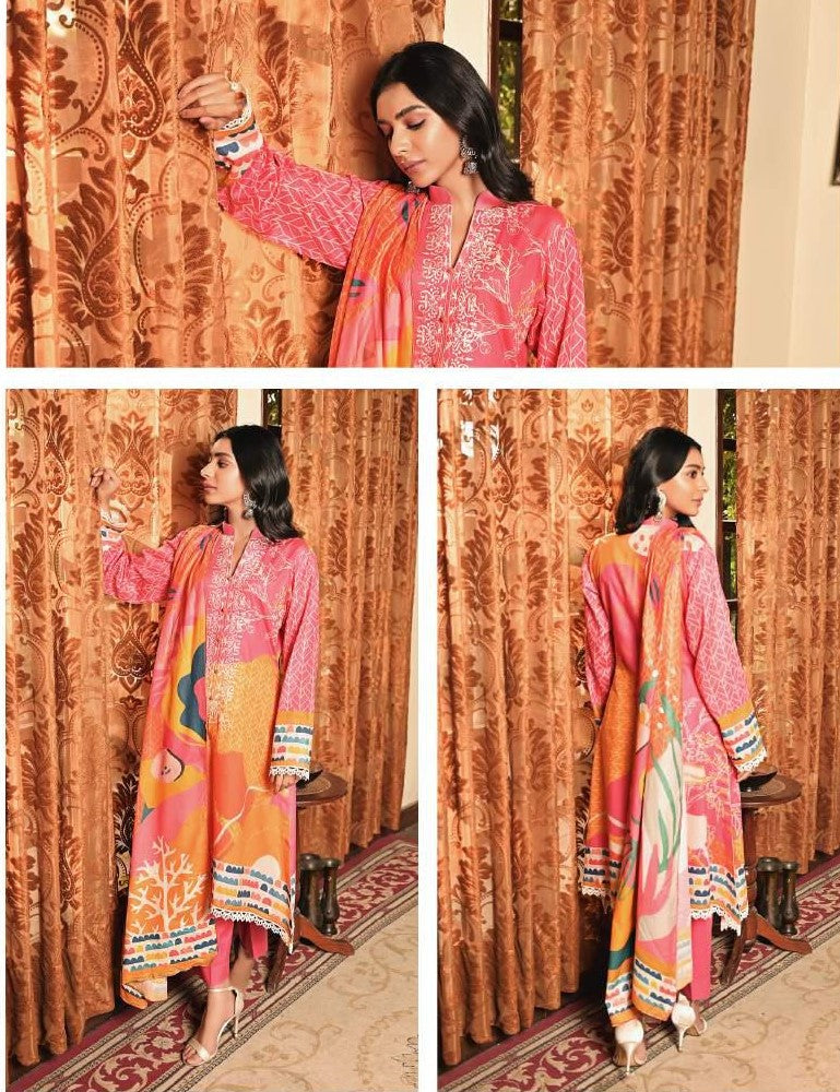 Mirha Printed Unstitched Embroidered Lawn Pakistani Suit Pink