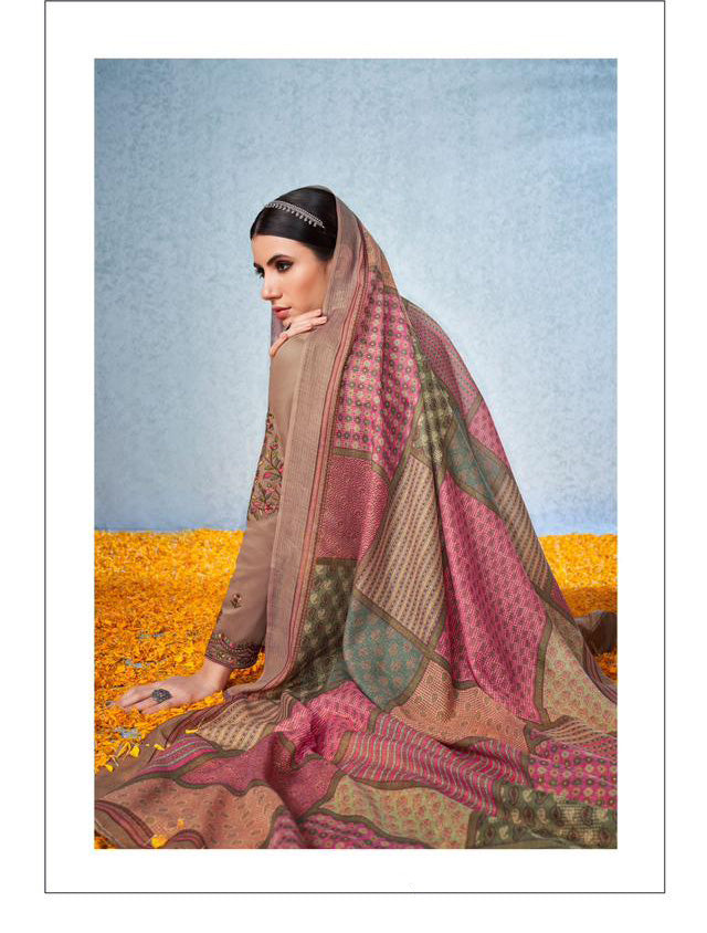 Mumtaz Arts Unstitched Cotton Satin Brown Salwar Suit Material