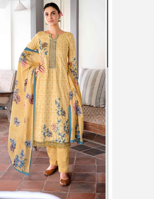 Lawn Cotton Unstitched Women Suits Yellow Embroidery Dress Materials