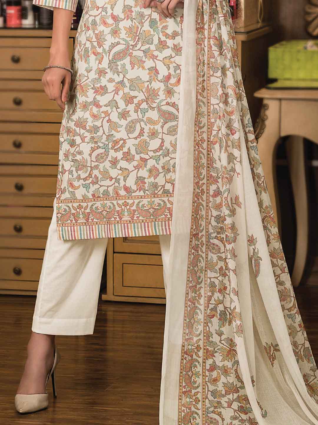 Pure Cotton Printed Unstitched Off-White Ladies Suits Dress Material