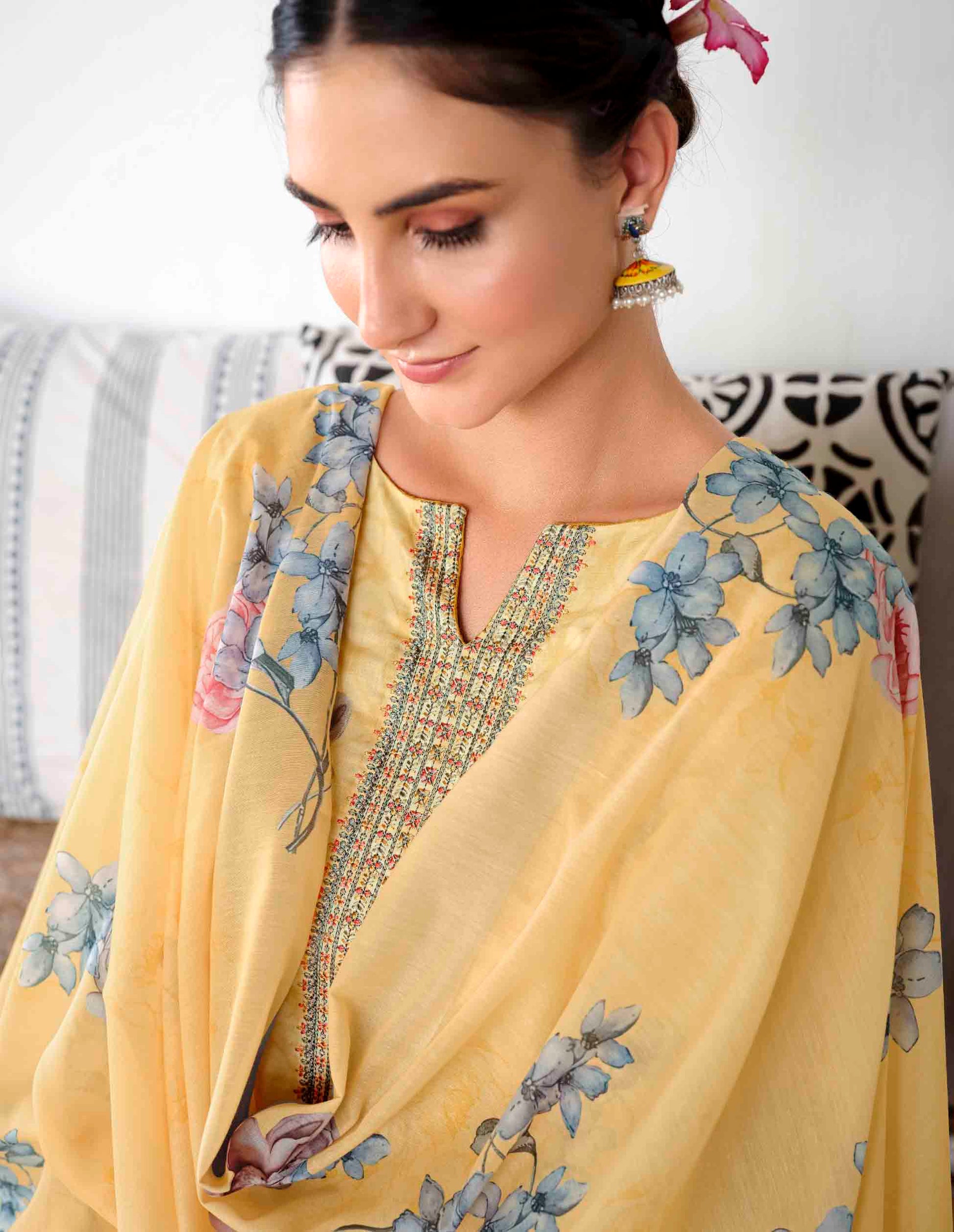 Lawn Cotton Unstitched Women Suits Yellow Embroidery Dress Materials - Stilento