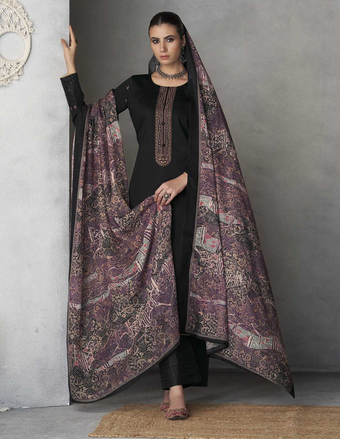 Pure Cotton Satin Unstitched Women Black Suit Material with Embroidery