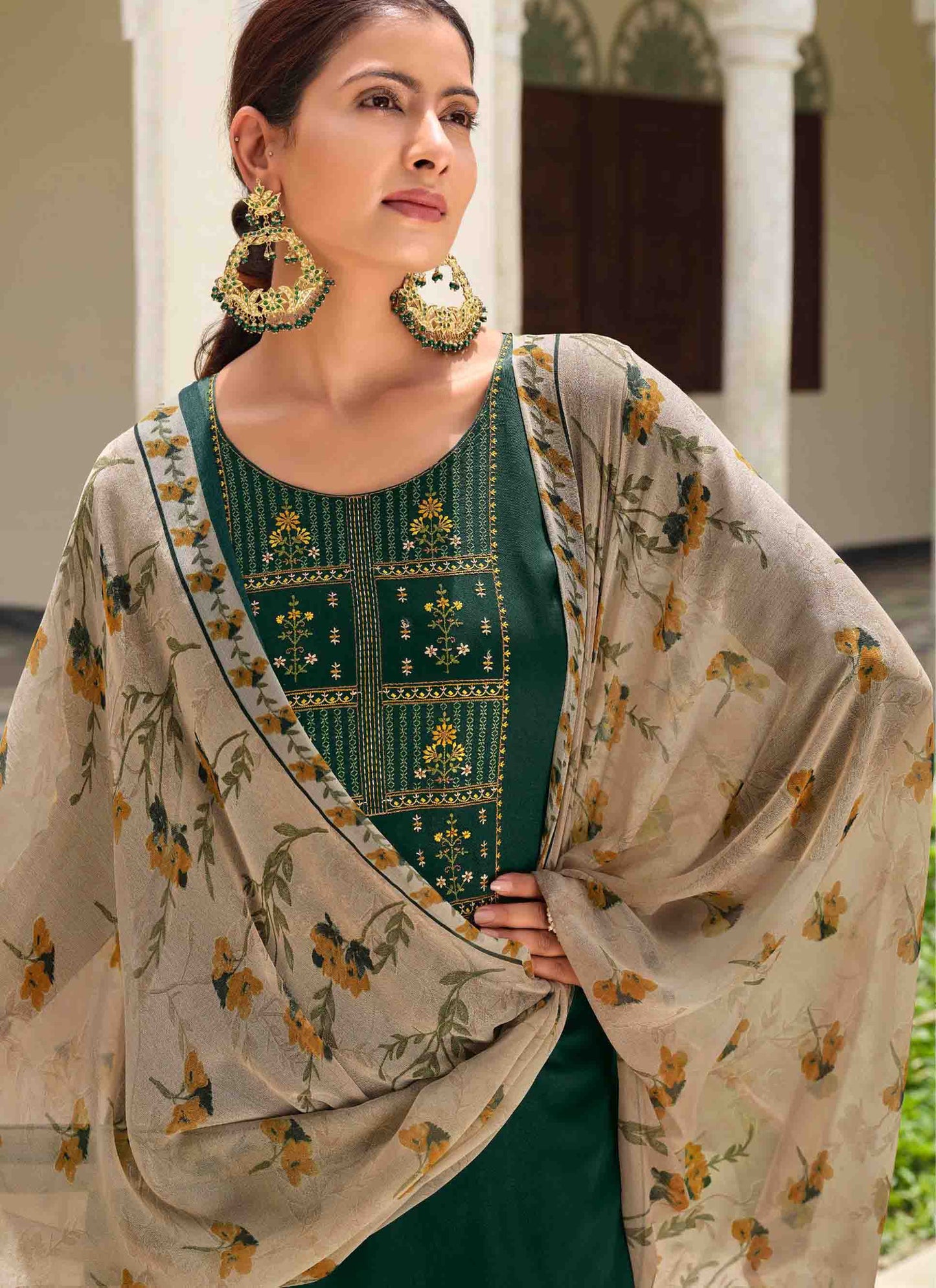 Pure Jam Cotton Unstitched Green Women Suits Material with Embroidery