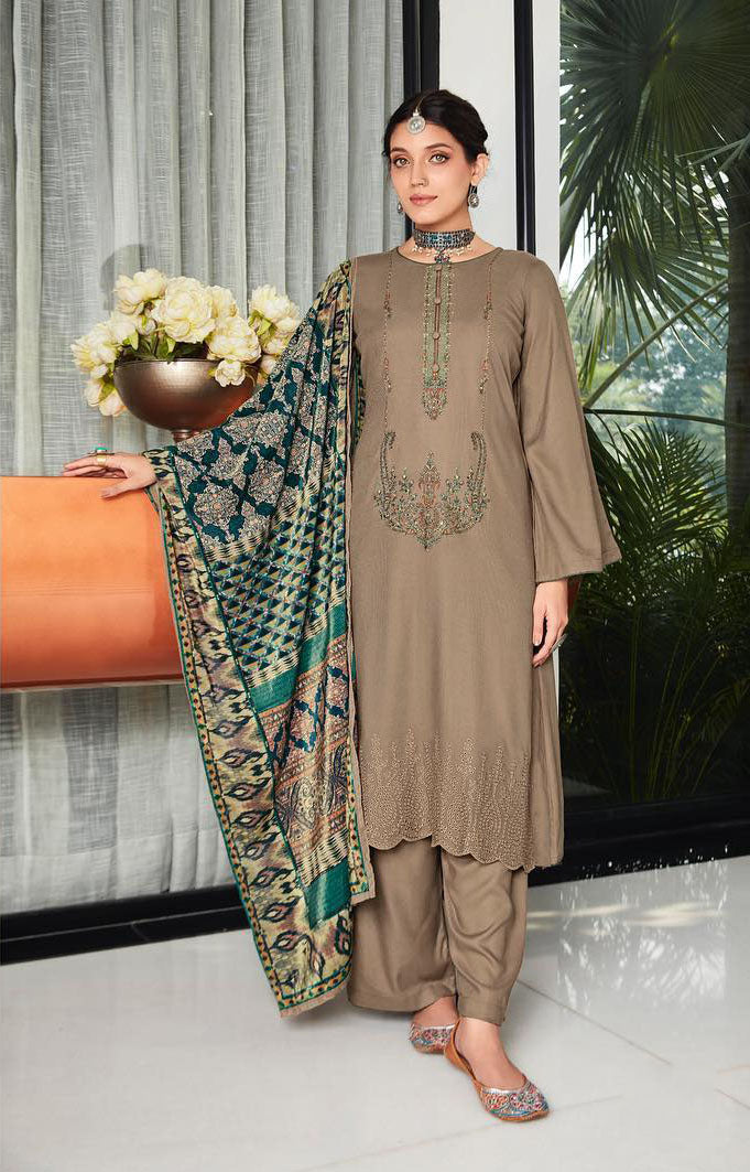 Unstitched Pure Staple Pashmina Embroidered brown Winter Suits with Velvet Dupatta - Stilento