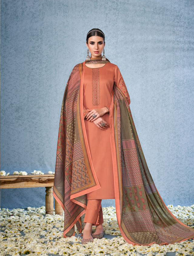 Mumtaz Arts Unstitched Cotton Satin Rust Orange Salwar Suit Material
