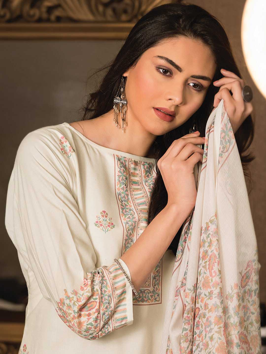 Pure Cotton Off-White Printed Unstitched Salwar Suit Dress Material