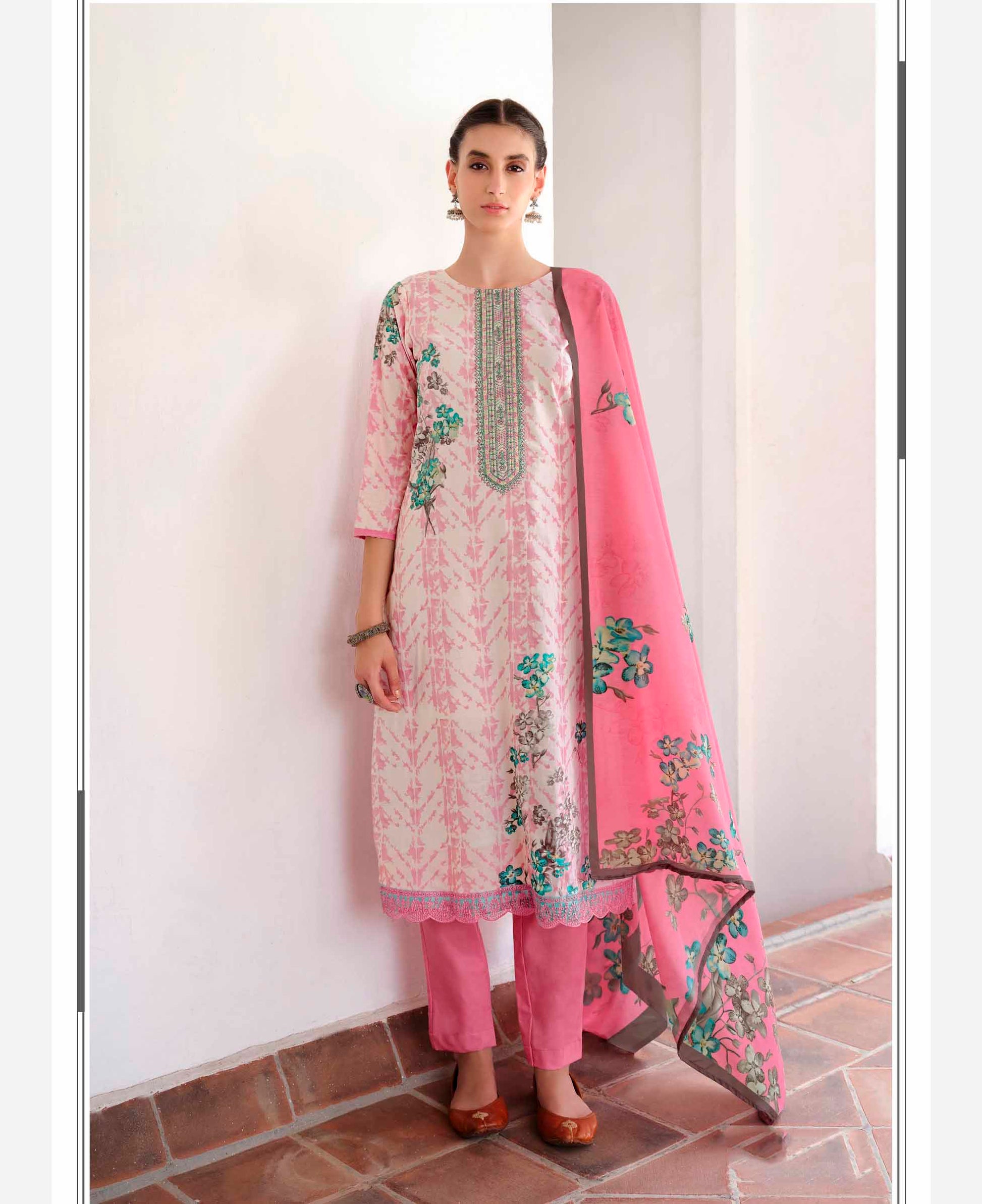Lawn Cotton Unstitched Women Suits Pink Embroidery Dress Materials - Stilento