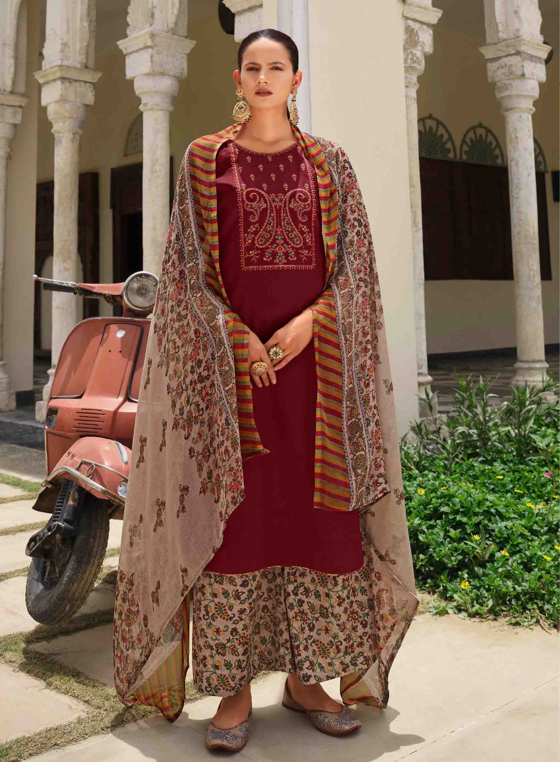 Pure Jam Cotton Unstitched Maroon Women Suits Material with Embroidery