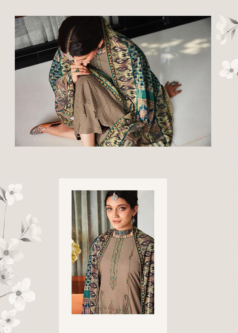 Unstitched Pure Staple Pashmina Embroidered brown Winter Suits with Velvet Dupatta - Stilento