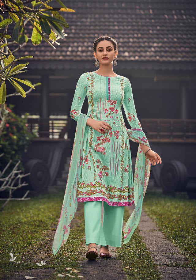 Deepsy Unstitched Printed Teal Blue Jam Cotton Printed Suits Material - Stilento